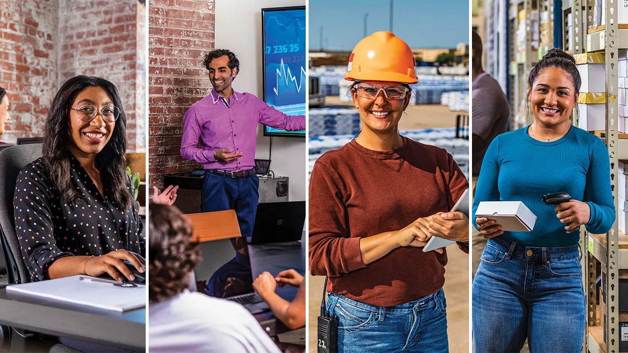 image of 4 people in various lines of work posing happily